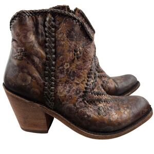 Liberty Black Women Floral Leather Ankle Boots Western Cowboy Heeled Size 7